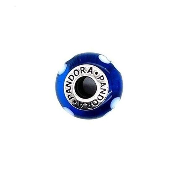 Pandor Blue Murano Glass White Flower Charm - Picture 2 of 3